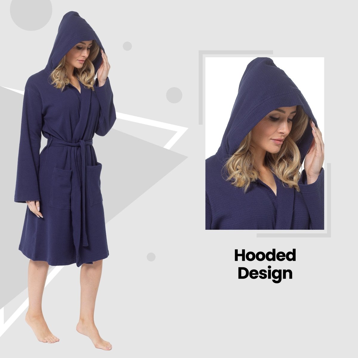 Women's Hooded Waffle Cotton Bathrobe - Navy - Joe’s Haven