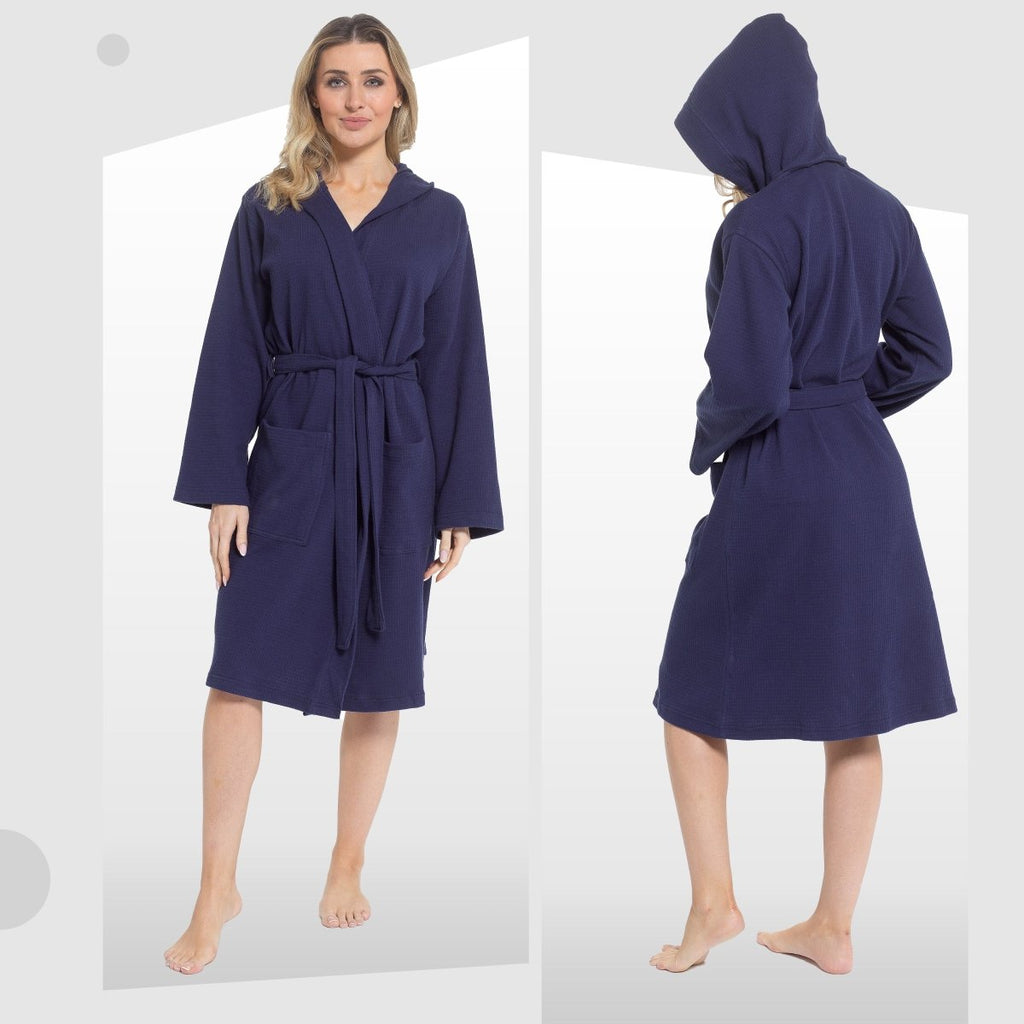 Women's Hooded Waffle Cotton Bathrobe - Navy - Joe’s Haven