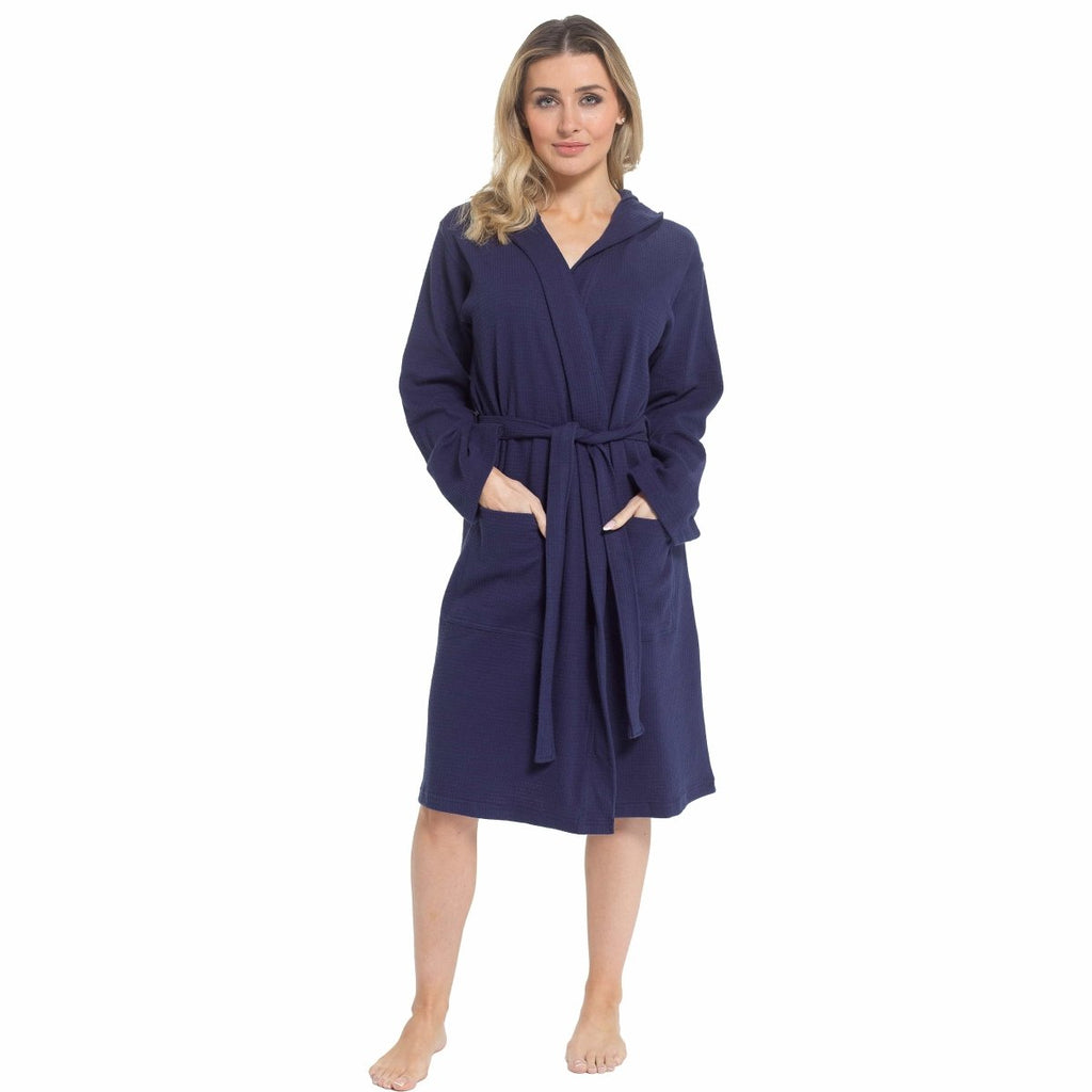 Women's Hooded Waffle Cotton Bathrobe - Navy - Joe’s Haven