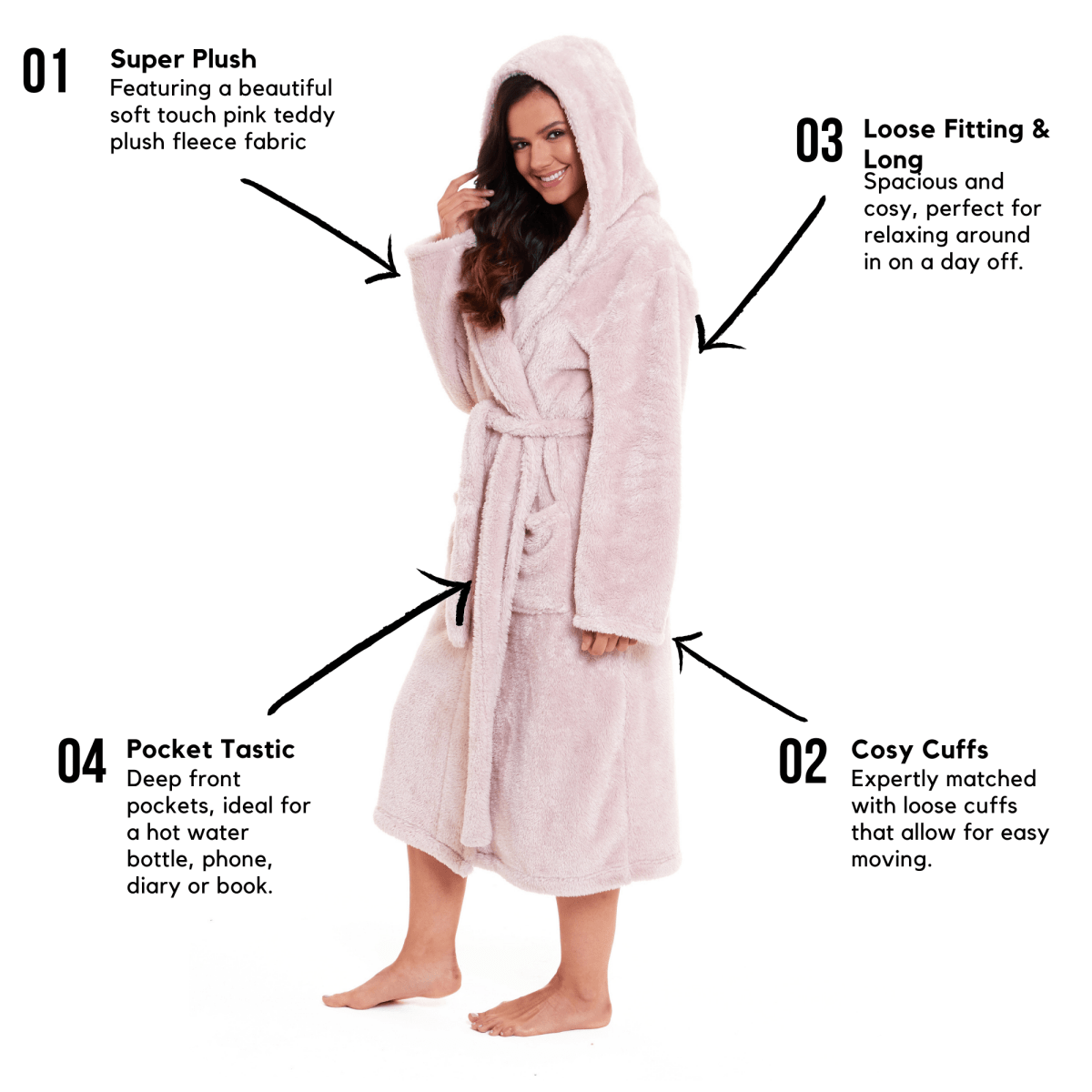 Women's Pink Velvet Touch Fleece Hooded Dressing Gown - Joe’s Haven