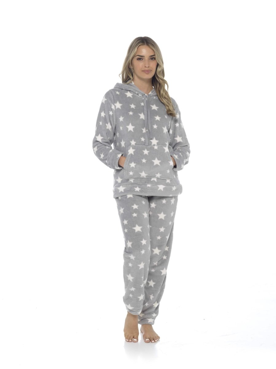 Women's Plush Fleece Hooded Pyjama Set - Stars Design - Joe’s Haven