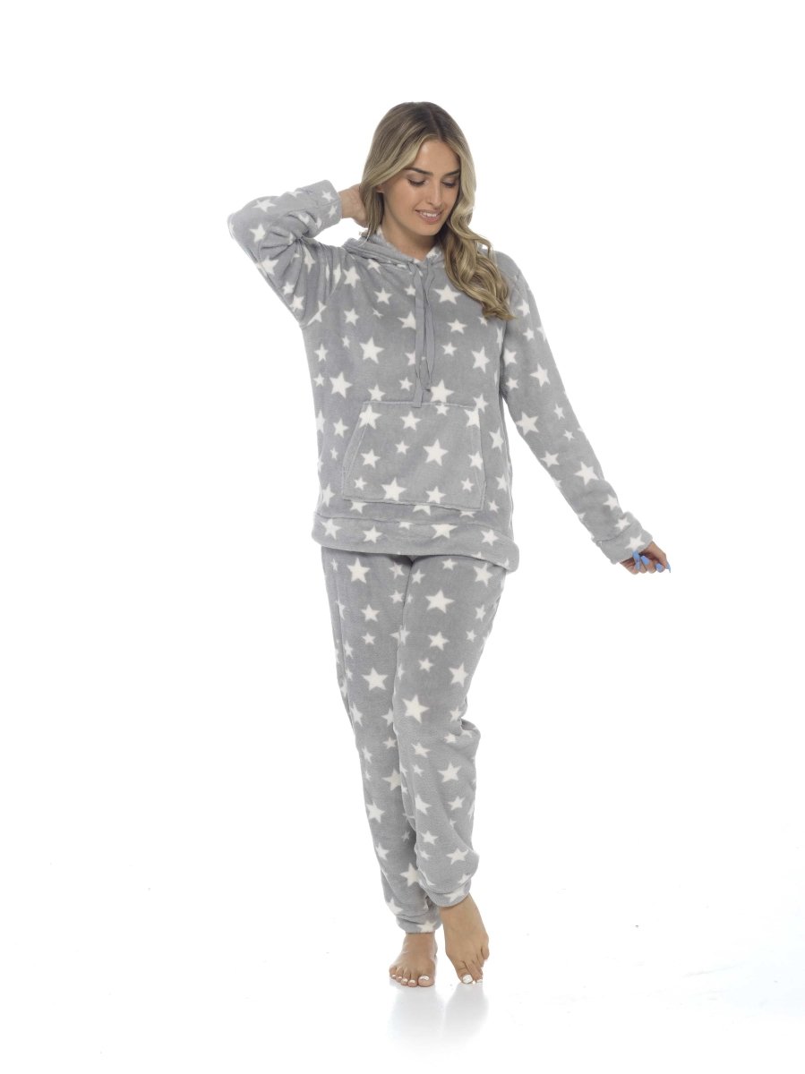 Women's Plush Fleece Hooded Pyjama Set - Stars Design - Joe’s Haven