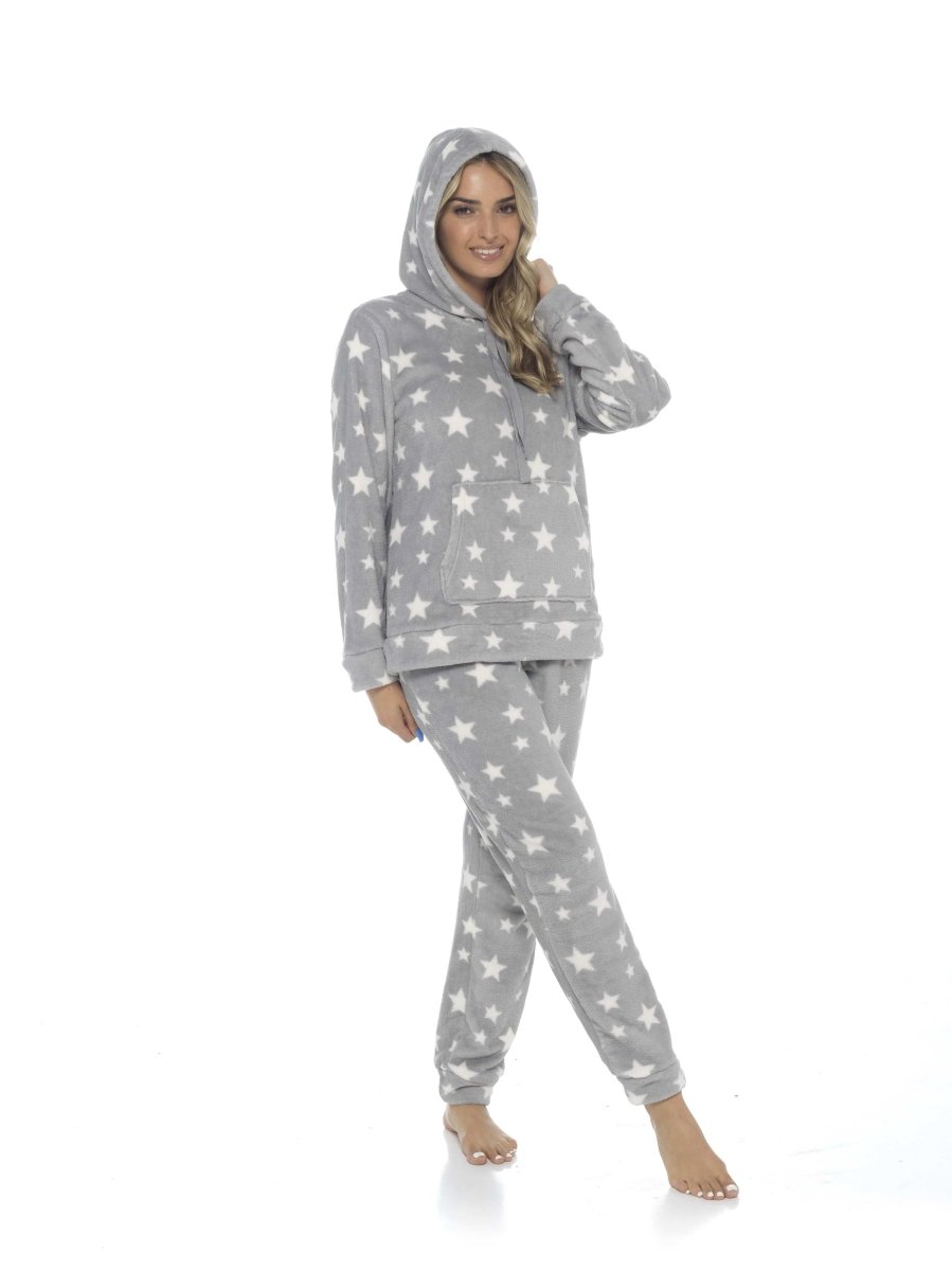Women's Plush Fleece Hooded Pyjama Set - Stars Design - Joe’s Haven