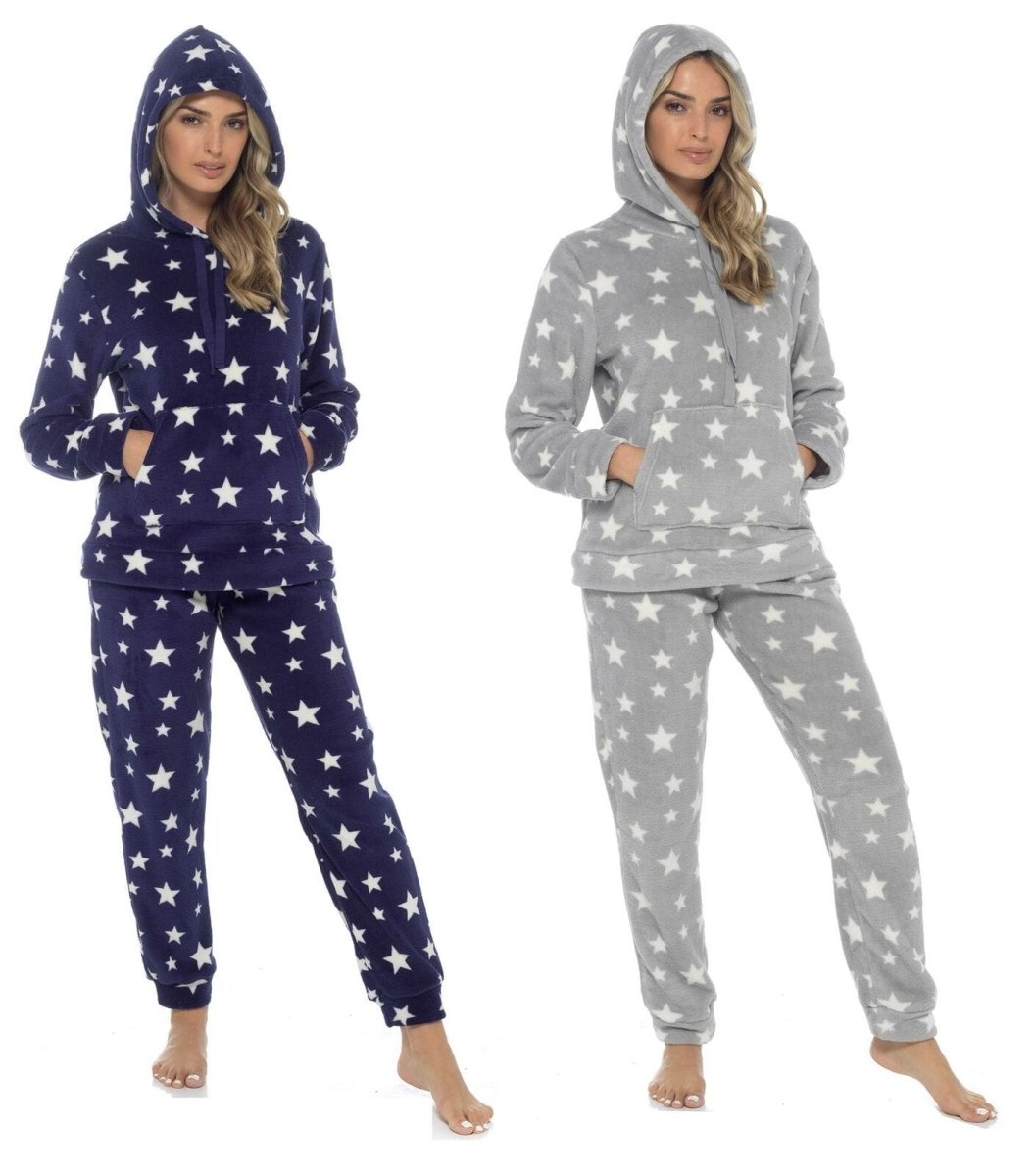 Women's Plush Fleece Hooded Pyjama Set - Stars Design - Joe’s Haven