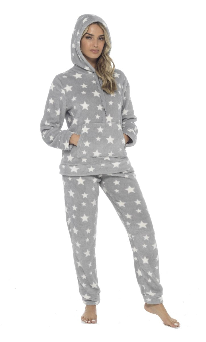 Women's Plush Fleece Hooded Pyjama Set - Stars Design - Joe’s Haven
