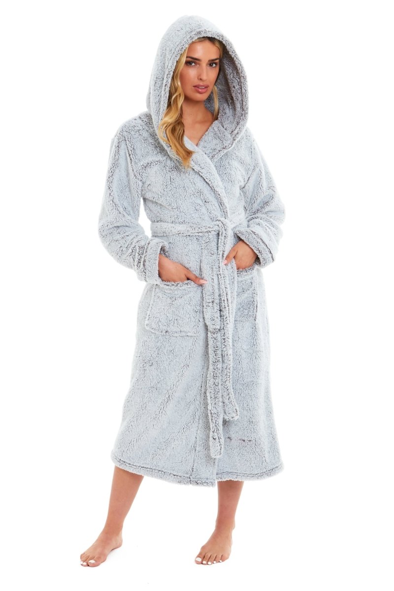 Women's Shimmer Grey Luxurious Velvet Fleece Hooded Dressing Gown - Joe’s Haven